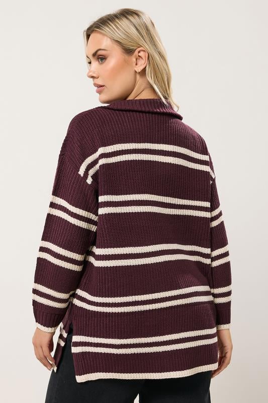 YOURS Plus Size Red Stripe Quarter Zip Jumper | Yours Clothing 2