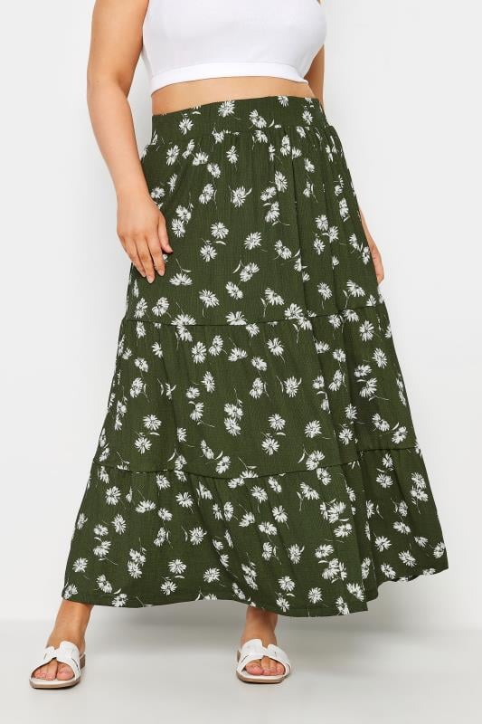 Plus Size  YOURS Curve Green Floral Print Tiered Maxi Skirt