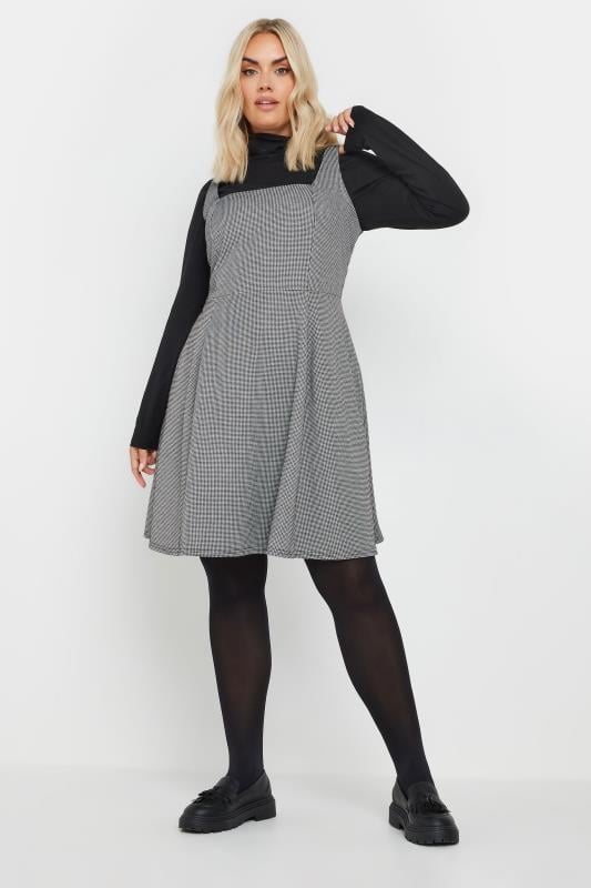 YOURS Plus Size Grey Dogtooth Check Pinafore Dress | Yours Clothing 2