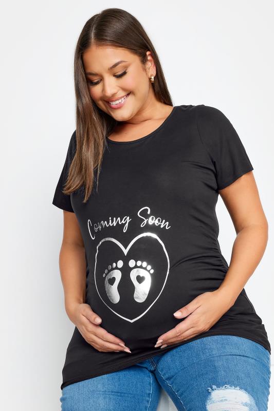 BUMP IT UP MATERNITY Plus Size Black 'Coming Soon' Slogan T-shirt | Yours Clothing 1