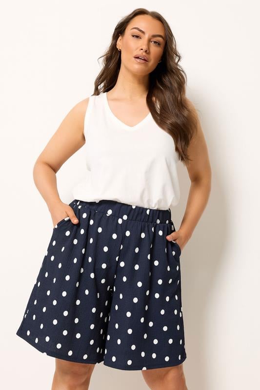  YOURS Curve Navy Blue Polka Dot Shorts