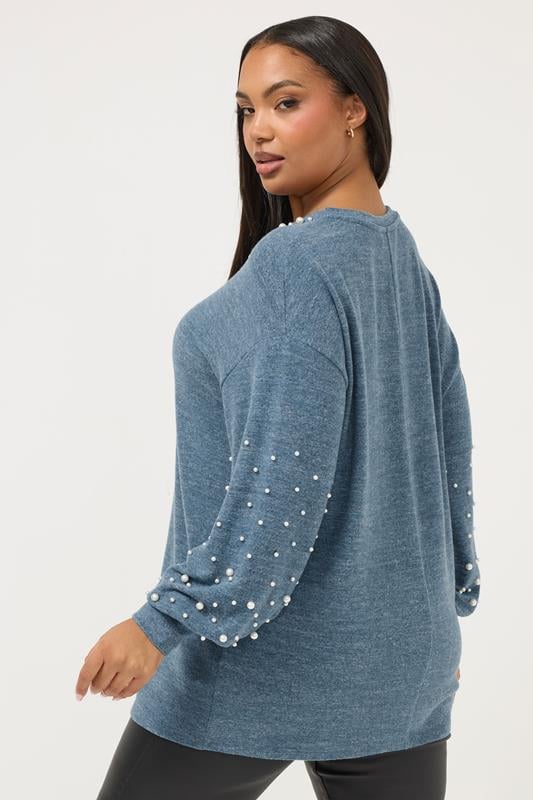 YOURS Plus Size Blue Pearl Embellished Jumper | Yours Clothing 2