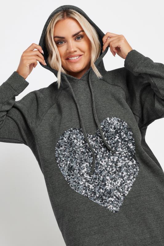 YOURS Plus Size Charcoal Grey Sequin Embellished Heart Hoodie Dress | Yours Clothing  4