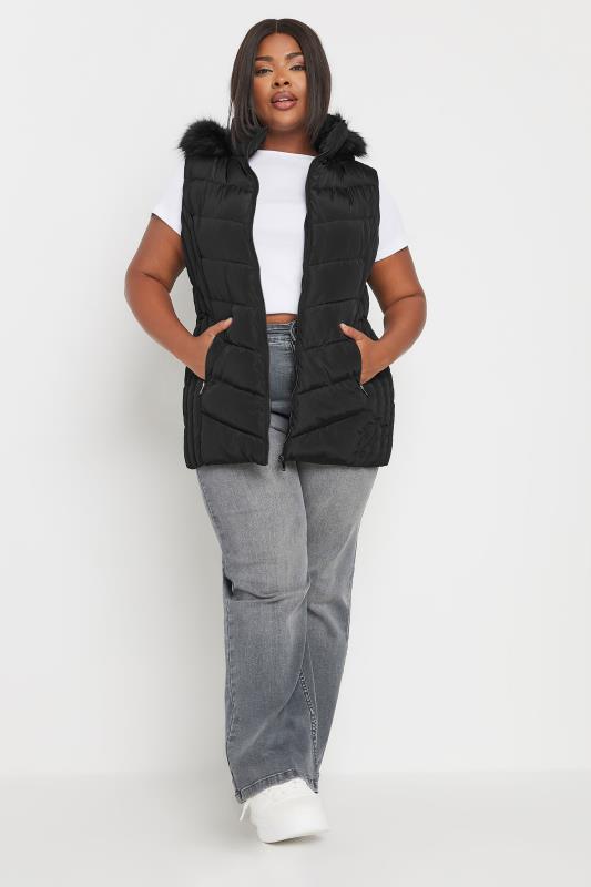 YOURS Plus Size Black Faux Fur Trim Padded Gilet | Yours Clothing 2