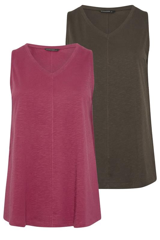 EVANS Curve 2 Pack Brown & Berry Red Cotton Vest Tops