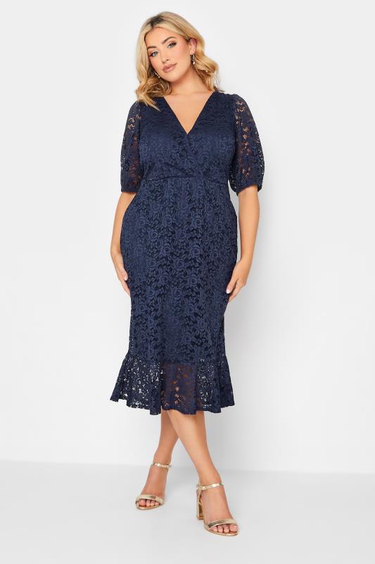 YOURS LONDON Plus Size Navy Blue Lace Wrap Dress | Yours Clothing  1