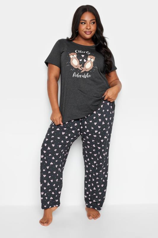 Plus Size  YOURS Curve Charcoal Grey 'Otterly Adorable' Heart Print Pyjama Set