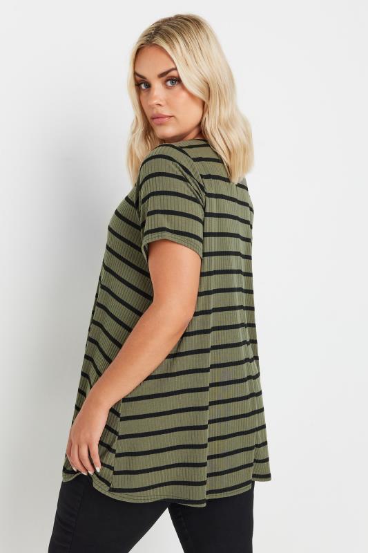 YOURS Plus Size Khaki Green Stripe Ribbed Swing T-Shirt | Yours Clothing  3