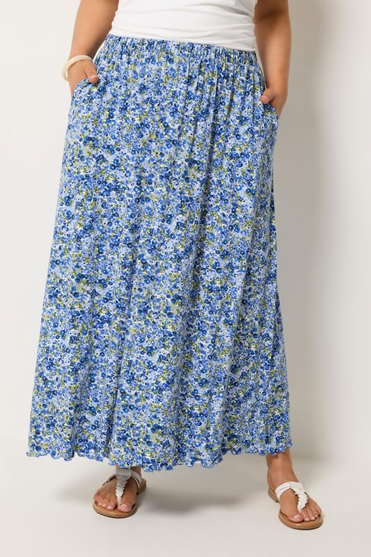 YOURS Curve Blue Floral Print Maxi Skirt