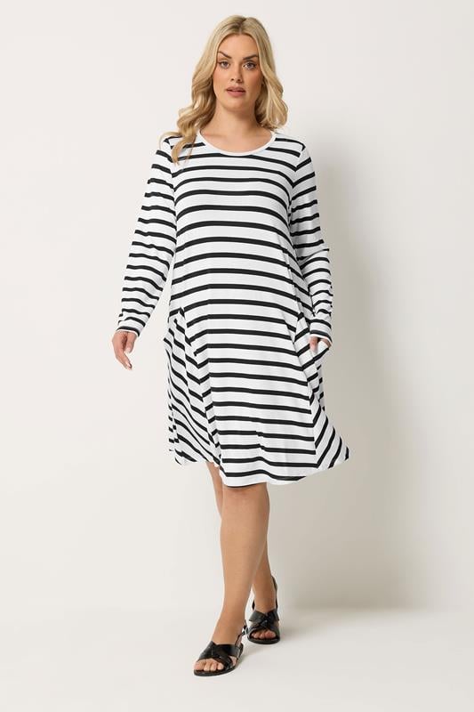  YOURS Curve Black & White Stripe Drape Pocket Dress