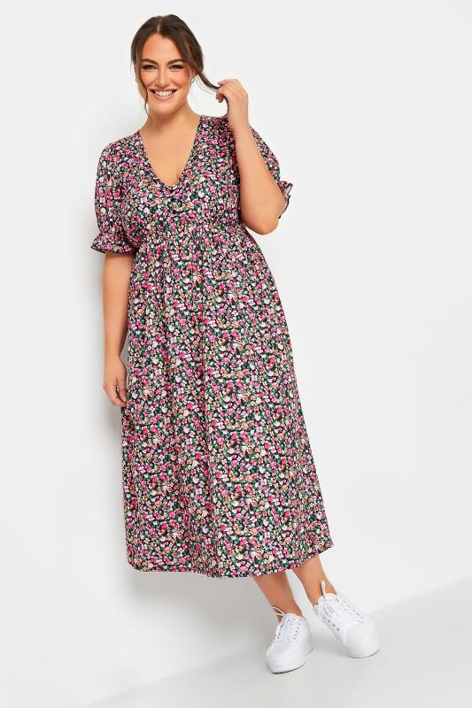 YOURS Plus Size Black Floral Frill Sleeve Midaxi Dress | Yours Clothing 2