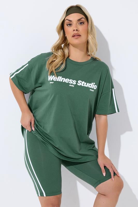 YOURS ACTIVE Curve Green Side Contrast Stripe Shorts
