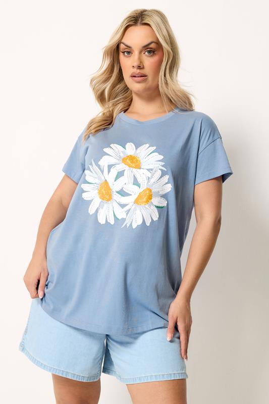 YOURS Plus Size Light Blue Daisy Embellished Graphic T-Shirt | Yours Clothing 1