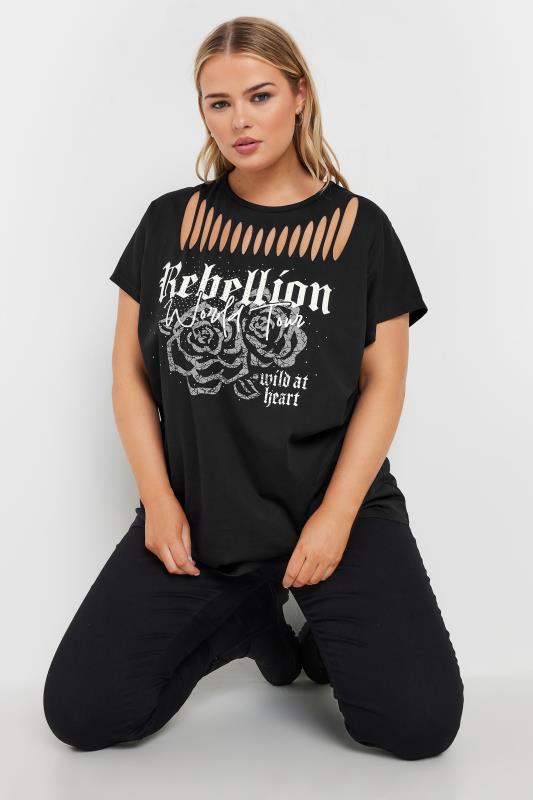 Plus Size  YOURS Curve Black Cut Out 'Rebellion' Slogan T-Shirt