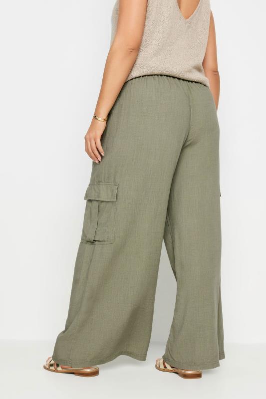 YOURS Plus Size Khaki Green Linen Wide Leg Cargo Trousers | Yours Clothing 4