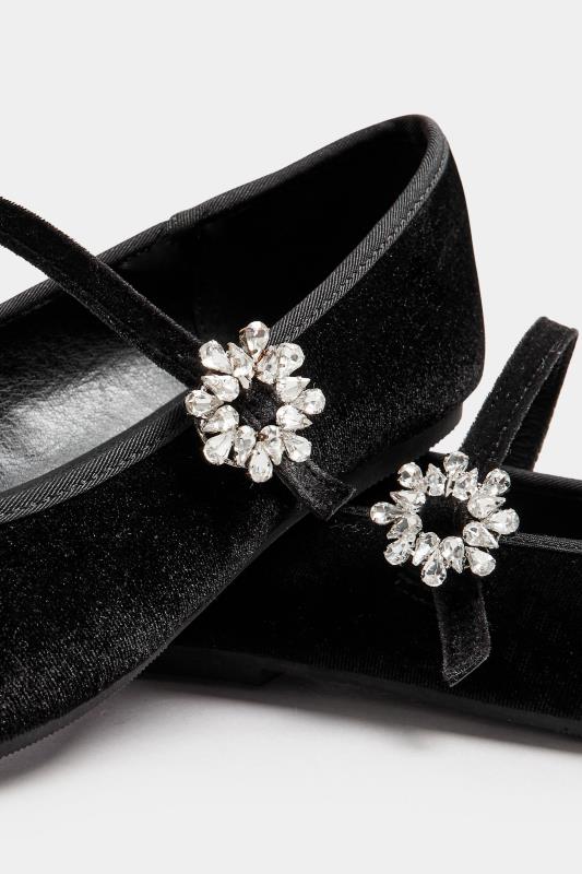 Black Velvet Diamante Mary Jane Ballet Pumps In Extra Wide EEE Fit | Yours Clothing 5