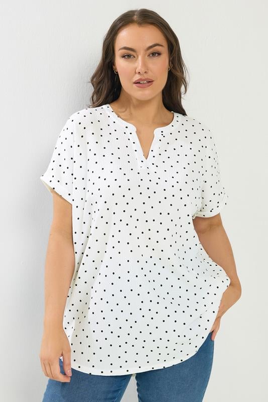 YOURS Plus Size White Textured Polka Dot Notch Neck Top | Yours Clothing 1