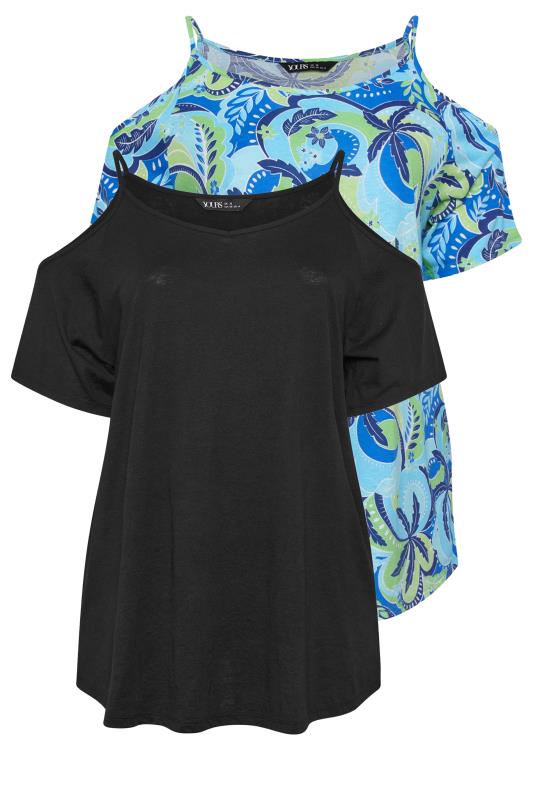 YOURS Plus Size 2 PACK Blue & Black Swirl Print Cold Shoulder Tops | Yours Clothing  7