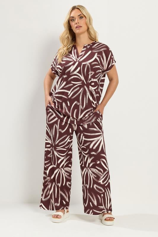 YOURS Plus Size Brown Abstract Print Wide Leg Trousers | Yours Clothing 1