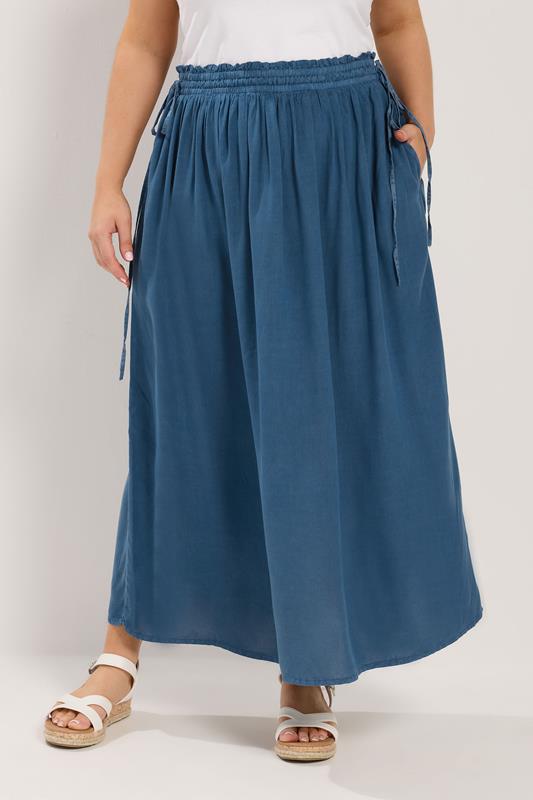  YOURS Curve Blue Chambray Midi Skirt