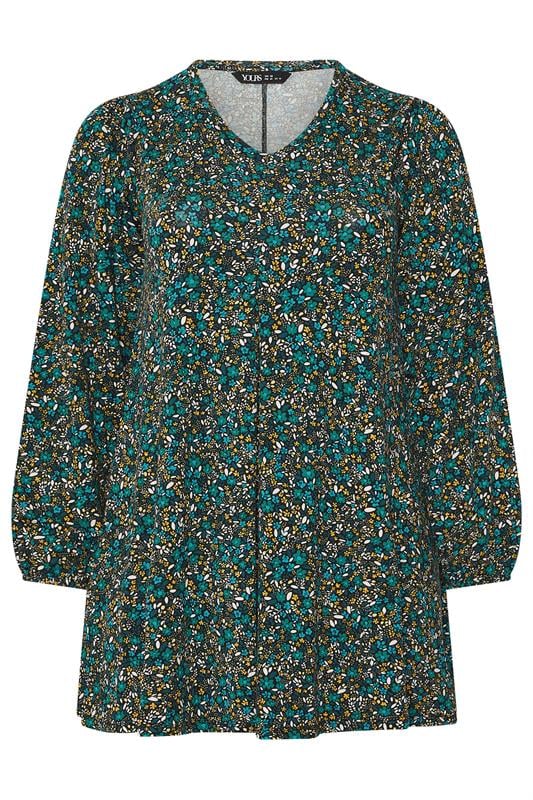 YOURS Plus Size Green & Blue Ditsy Floral Print Pleat Front Top | Yours Clothing 5