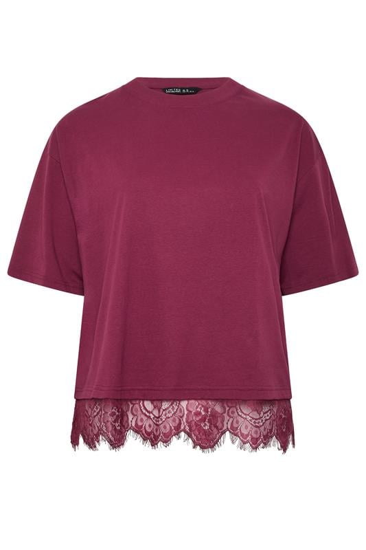  LIMITED COLLECTION Curve Burgundy Red Oversized Lace Hem T-Shirt