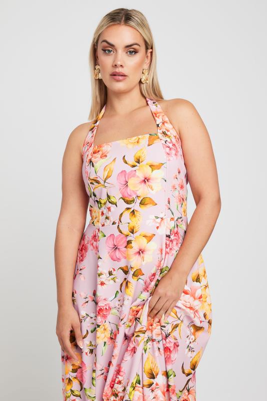 LIMITED COLLECTION Plus Size Pink Floral Print Halter Neck Midaxi Dress | Yours Clothing 4
