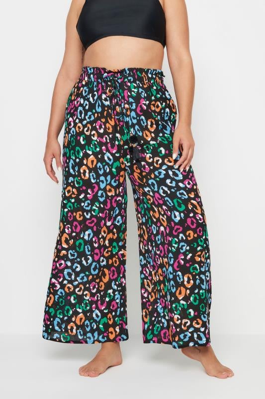 YOURS Plus Size Black Rainbow Leopard Print Beach Trousers | Yours Clothing 1