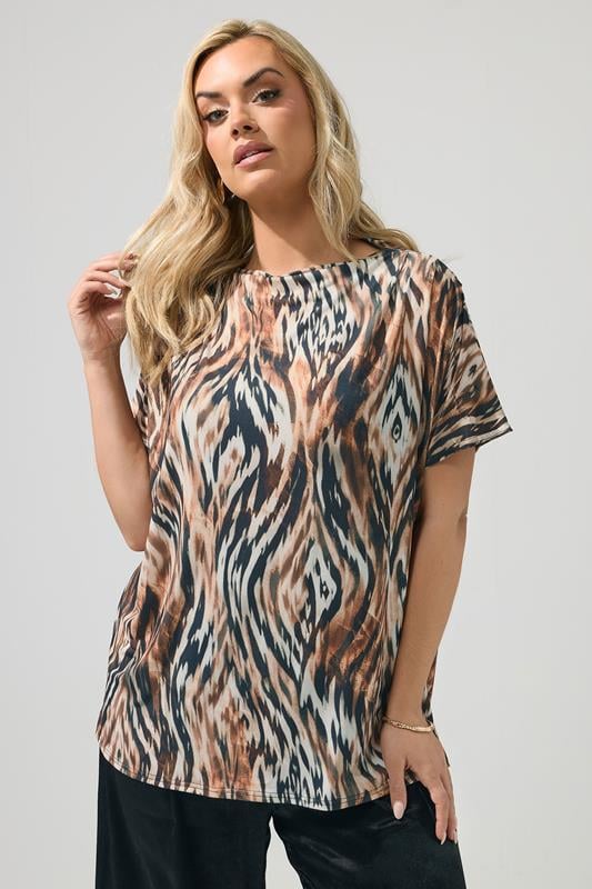  YOURS LONDON Curve Brown Zebra Drape Shoulder Top