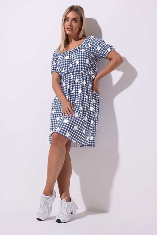 LIMITED COLLECTION Plus Size Blue Daisy Gingham Mini Dress | Yours Clothing 2