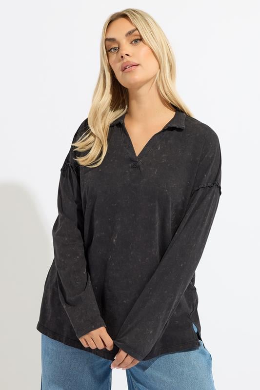 Plus Size  YOURS Curve Grey Acid Wash Rugby Collar Top