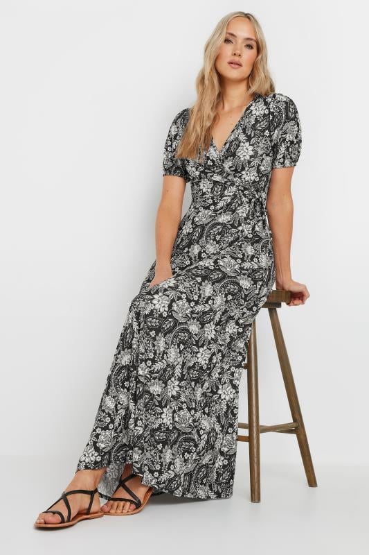 LTS Tall Women's Black Floral Paisley Print Wrap Maxi Dress | Long Tall Sally 1