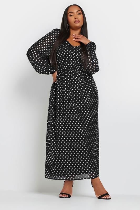 YOURS Plus Size Black Silver Polka Dot Chiffon Maxi Dress | Yours Clothing  1