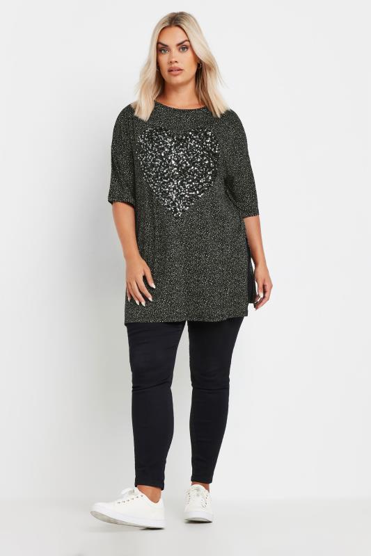 YOURS Plus Size Black Heart Sequin Embellished Top | Yours Clothing 2