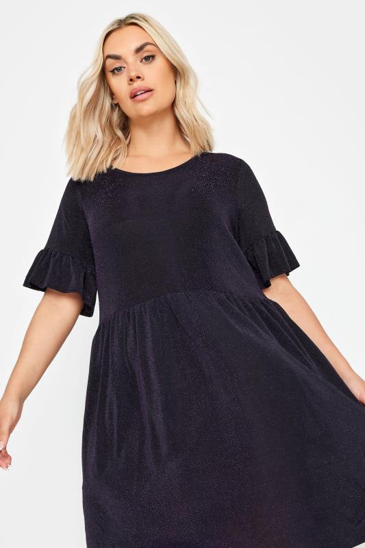 Plus Size  YOURS Curve Black & Purple Glitter Frill Sleeve Tunic Dress