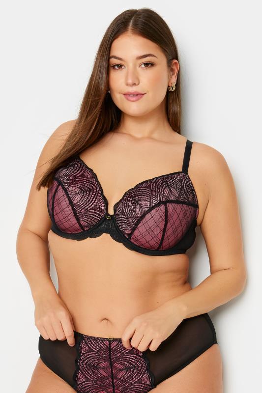 YOURS Plus Size Black & Pink Lace Detail Mesh Padded Bra | Yours Clothing 2
