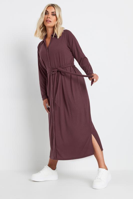 YOURS Curve Burgundy Red Ribbed Tie Waist Shirt Dress | Yours Clothing 1