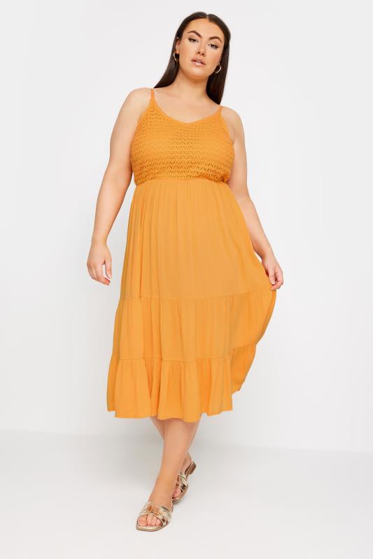 Yours Plus Size Orange Crochet Crinkle Midaxi Dress | Yours Clothing 1