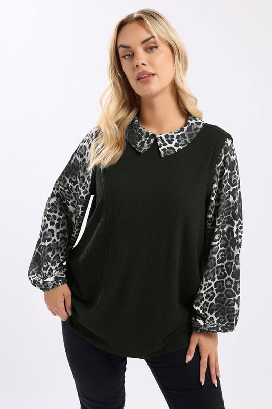 YOURS Curve Black Leopard Print 2-In-1 Top