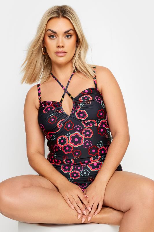 YOURS Plus Size Black & Pink Floral Halter Neck Swimsuit | Yours Clothing 1