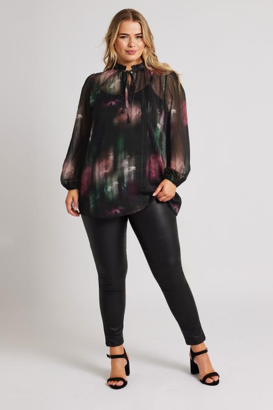 YOURS LONDON Plus Size Black Floral Print Metallic Stripe Chiffon Blouse | Yours Clothing  3