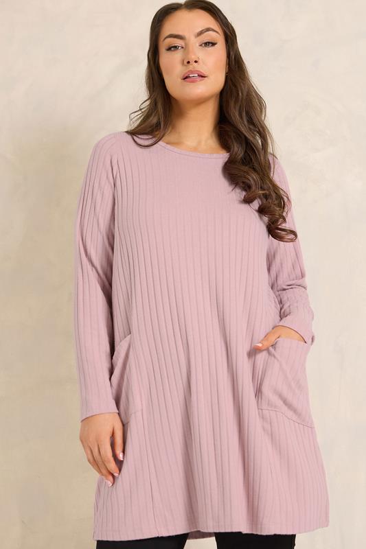 Plus Size  EVANS Curve Pink Ribbed Front Pocket Tunic Jumper
