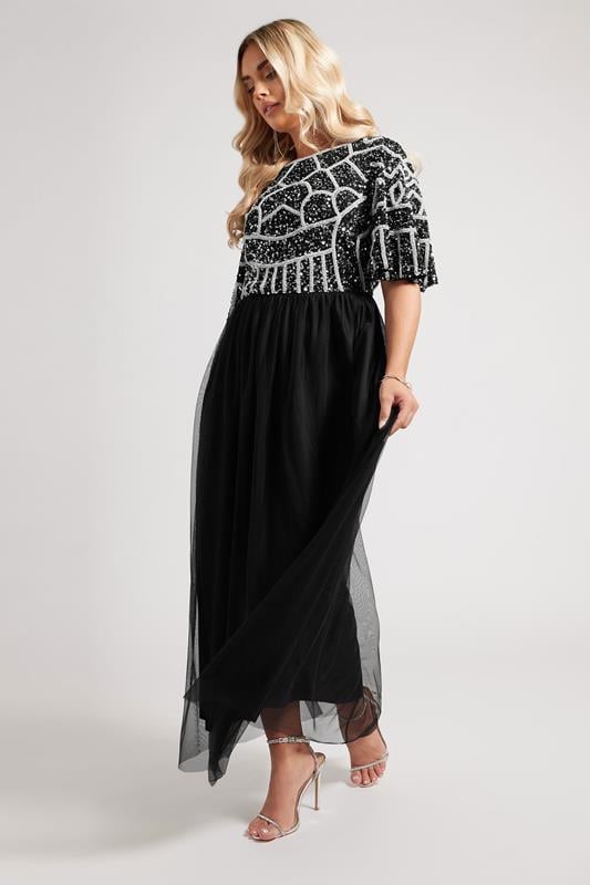 LUXE Plus Size Black Abstract Sequin Embellished Maxi Dress | Yours Clothing 2