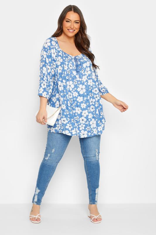 YOURS Plus Size Blue Floral Tie Neck Top | Yours Clothing 2