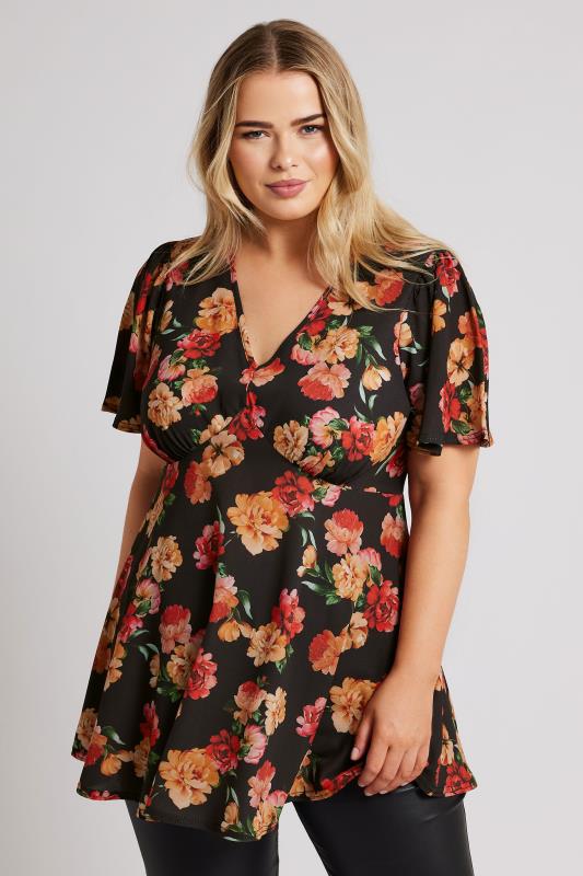 YOURS LONDON Plus Size Black Floral Print Angel Sleeve Blouse | Yours Clothing 1