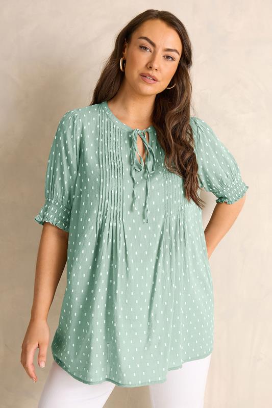  EVANS Curve Dobby Tie Neck Green Sage Blouse