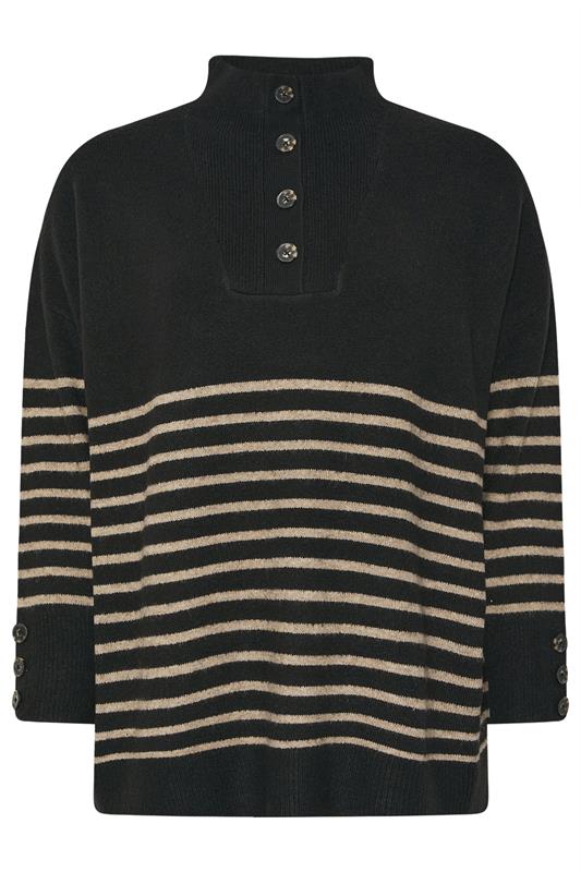 YOURS Plus Size Black & Beige Brown Striped Button Neck Jumper | Yours Clothing 5