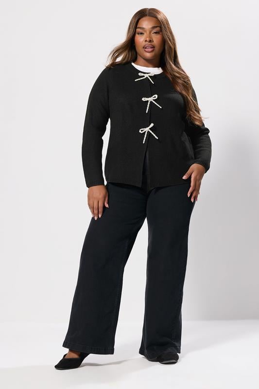 YOURS Plus Size Black Pearl Bow Front Through Cardigan 4