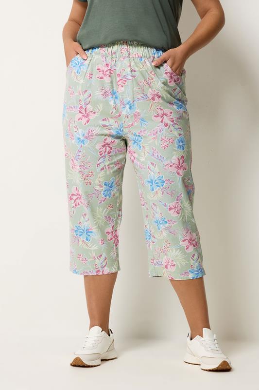  YOURS Curve Sage Green Tropical Cropped Trousers