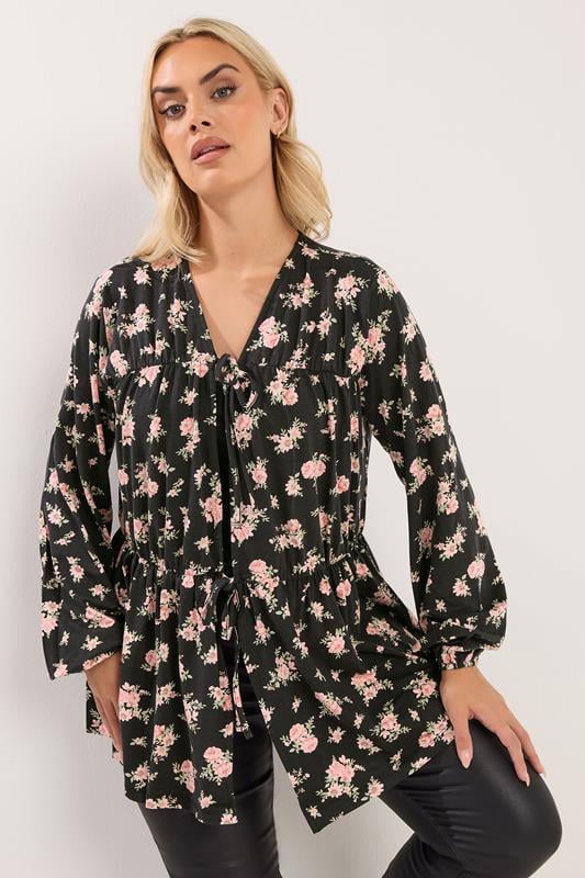 YOURS Curve Black Floral Print Gathered Bow Tie Front Top